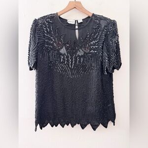 DENISE ELLE Black beaded silk short sleeve top blouse vintage L